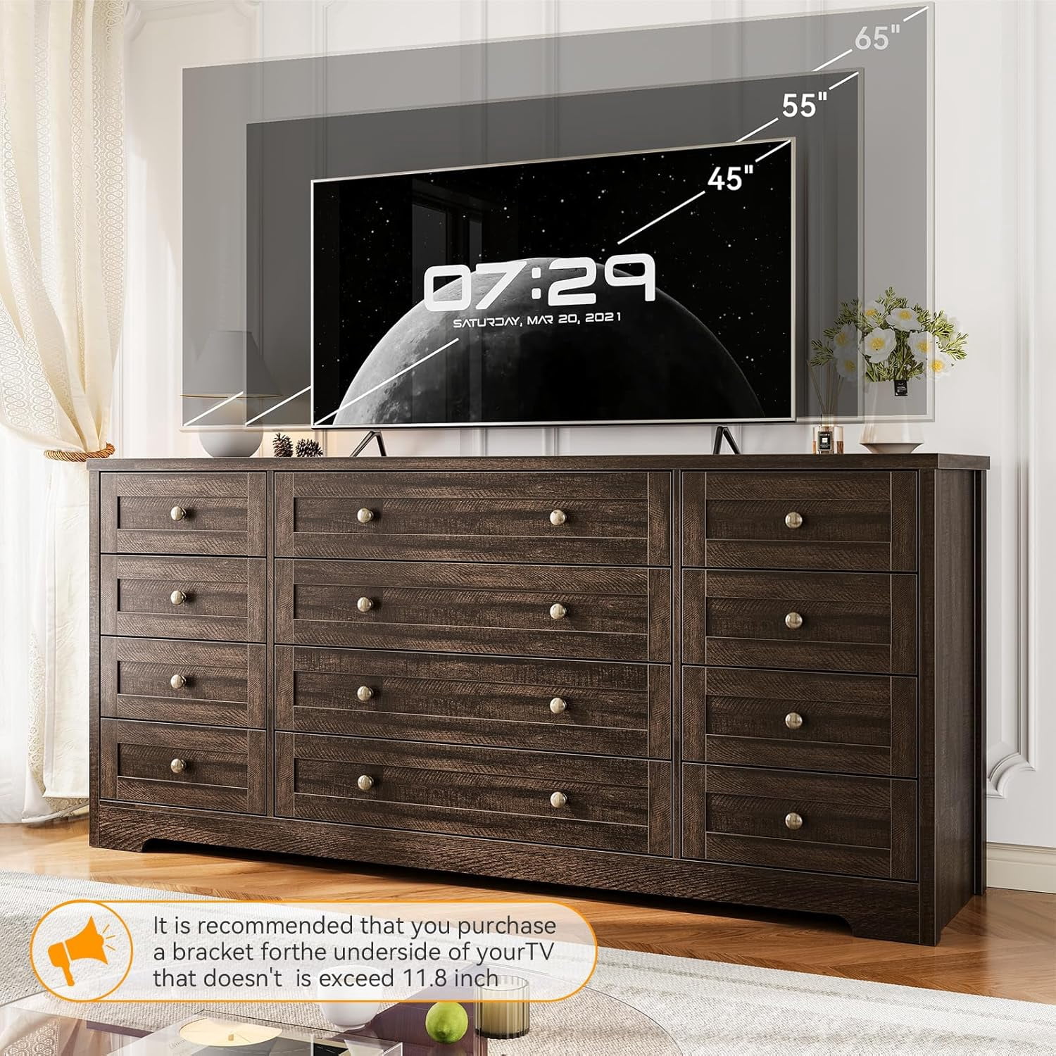 Twister.CK 12-Drawer Wooden Dresser, Modern Chest of Drawers & TV Stand for 65-Inch TV, Bedroom, Closet, Living Room, Hallway, Brown