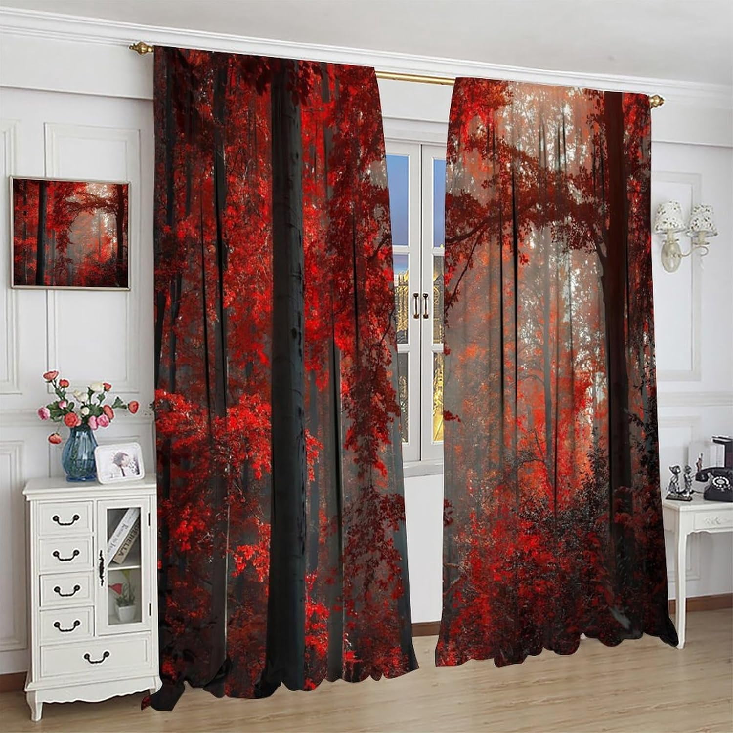 Red Maple Forest Curtains, Natural Scenery Forest Trees and Grass Pattern Printed Window Treatments for Bedroom Living Room Thermal Insulation Curtains 42x63 Inch