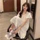 thumbnail image 3 of Vestido de noche blanco para mujer, pijama con volantes de estilo coreano, ropa de noche lisa de manga corta, camisón suelto para dormir, 3 of 3