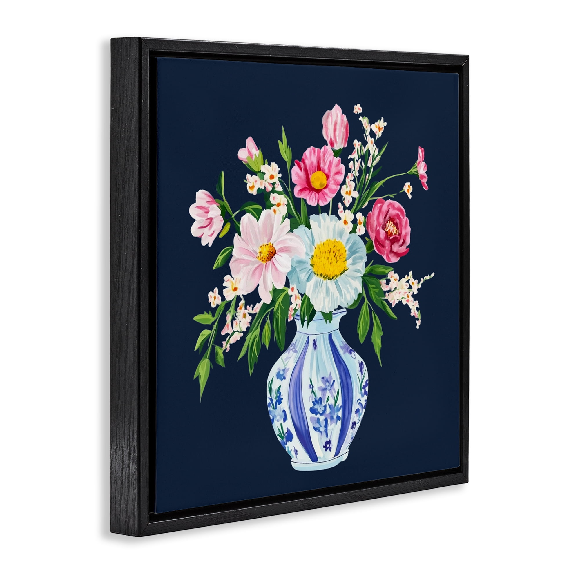 Spring Chinoiserie Vase Black Framed Floater Canvas Wall Art, design by Yen
