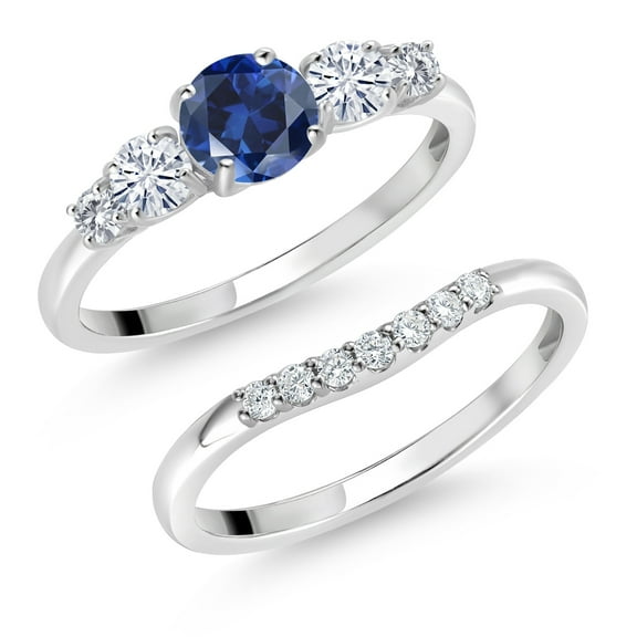 Gem Stone King 10K White Gold Blue Created Sapphire White Moissanite and White Lab Grown Diamond 5 Stone Bridal Engagement Wedding Ring Set for Women (0.91 Cttw, Round: 5MM and 3MM, Size 8)