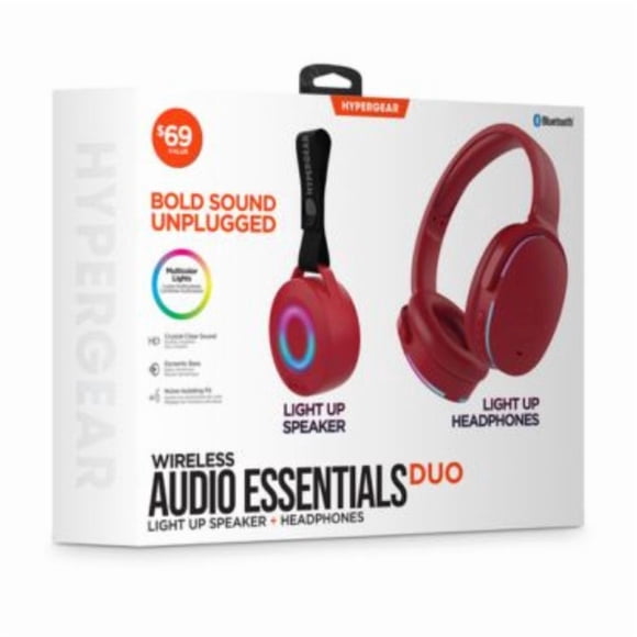 HyperGear Audio Essentials Duo - Red - 2 Pack Gift Set Bluetooth Headphone and Speaker 5W - HD Sound Vibrant LED Lights Speaker w Carry Strap Foldable and Portable Headphones