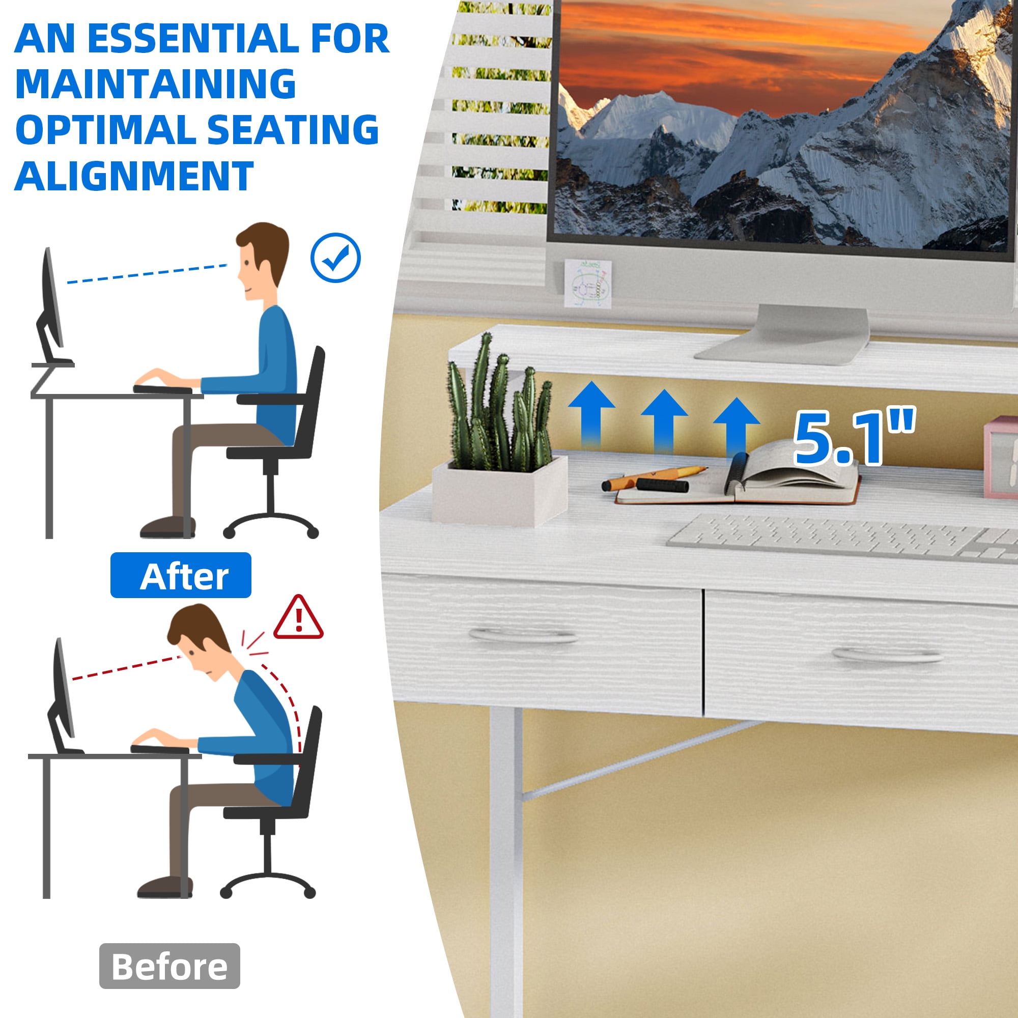 Uforic 40" Computer Desk with Monitor Stand & 3 Drawers, Modern Small Study Desk with Hooks , Home Office Desk Writing Desk for Small Space,Living Bedroom, Gaming, White