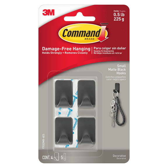Command Small Plastic Hook - Adhesive, Black - 4 Pack