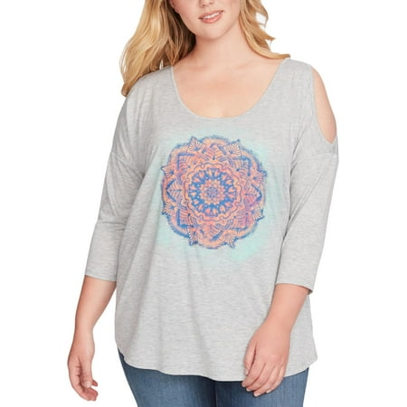 Jessica Simpson Womens Plus Asli Floral Print Cold Shoulder Pullover Top