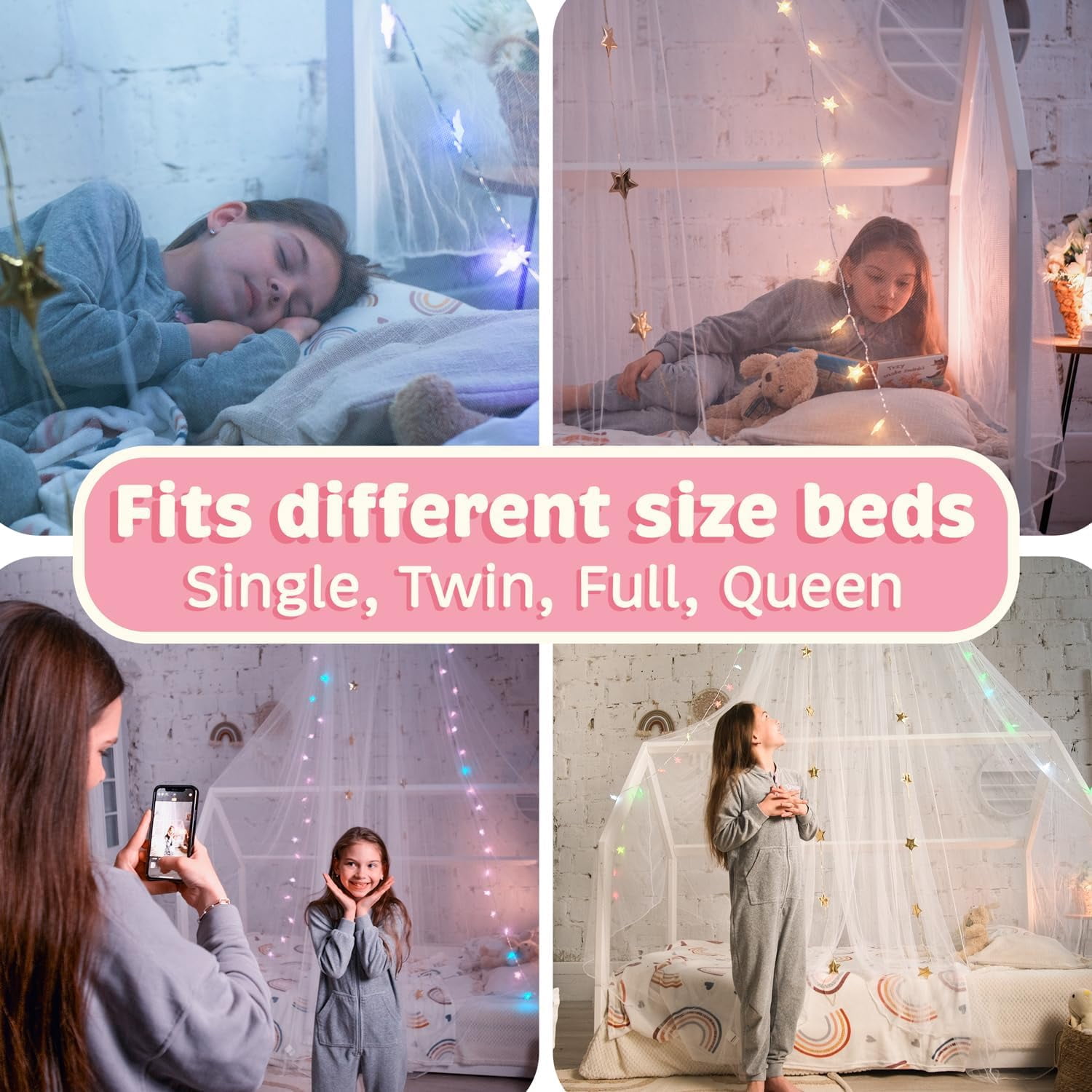 CAILDANL Purple Bed Canopy for Girls with Glowing Stars - Princess Netting Room Decor, Ceiling Tent to Cover Toddler | Single, Twin, Full, Queen Size Kids Bed, Fire Retardant Fabric
