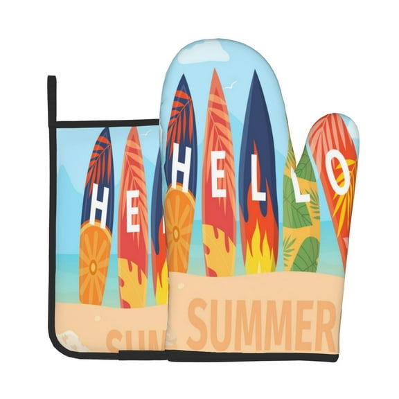 Xecao Hello Summer3 Pattern Oven Mitts and Pot Holders Sets Heat Resistant Silicone Oven Mittens Extra Thicken Long Kitchen Cotton Oven Glove for Cooking