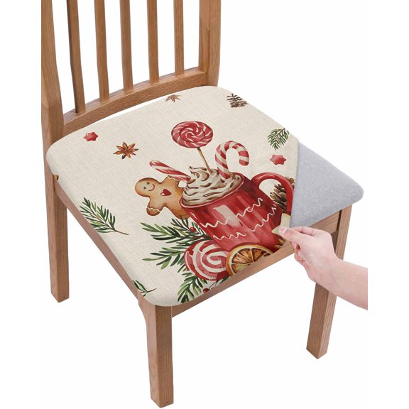 Christmas Gingerbread Chair Seat Covers for Dining Room Stretch Chair Seat Covers Set of 1,Winter Xmas Ball Candy Pine Leaf Beige Chair Seat Protector Cushion Slipcovers for Kitchen Restaurant