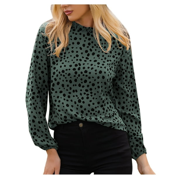 Tops Para Mujer Elegante Blusa Casual Camisas de Manga Larga Otono Moda Lunares Estampado Con Cuello en V Camiseta Suelta Odeerbi ODB170063 Walmart en linea