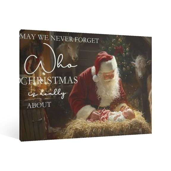 Vintage Jesus Nativity， Santa Claus Scene Canvas Wall Art Paint Framed , Christian Watercolor Jesus Wall Art Decor,Christmas Wall Religious Artwork for Home Living Room,Bedroom Wall Decor