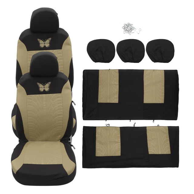 Kit universal de 9 fundas para asientos de coche, lavables, protectores para asientos interiores de coche, patrón de mariposa, color beige