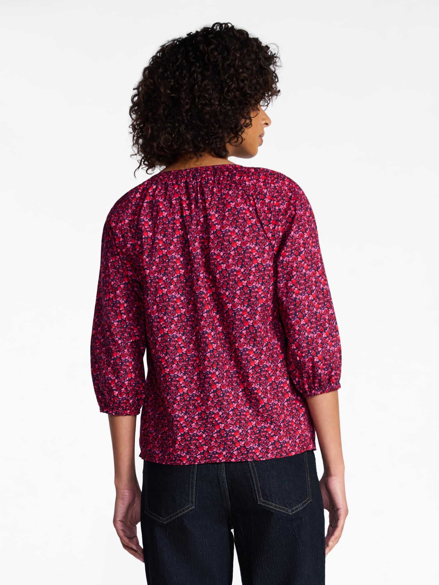 Time and Tru Women's Cotton Button Front Blouse with ¾ Length Sleeves, Sizes XS-XXXL