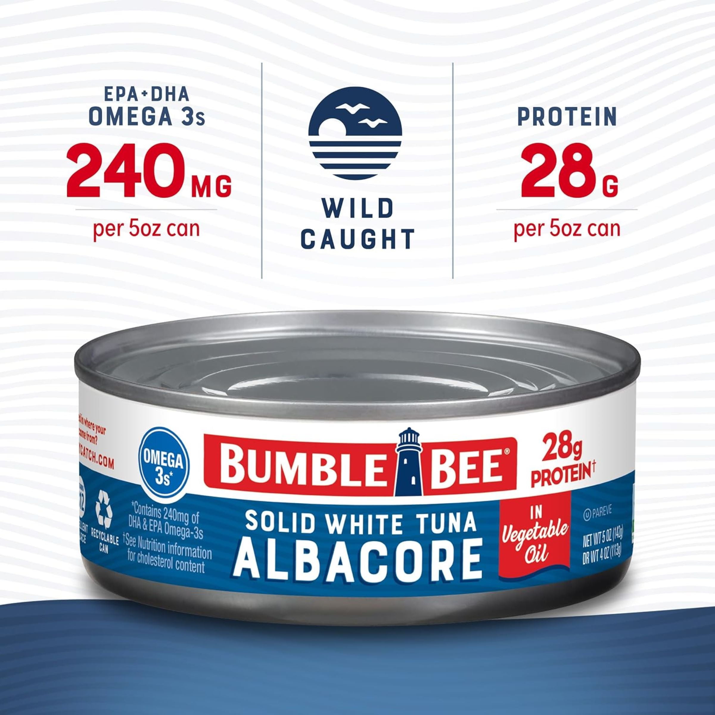 (24 pack) Bumble Bee Solid White Albacore Tuna in Oil, Wild Caught, Gluten Free, 28g Protein per Serving, Ready to Eat, Shelf Stable Can, 5 oz