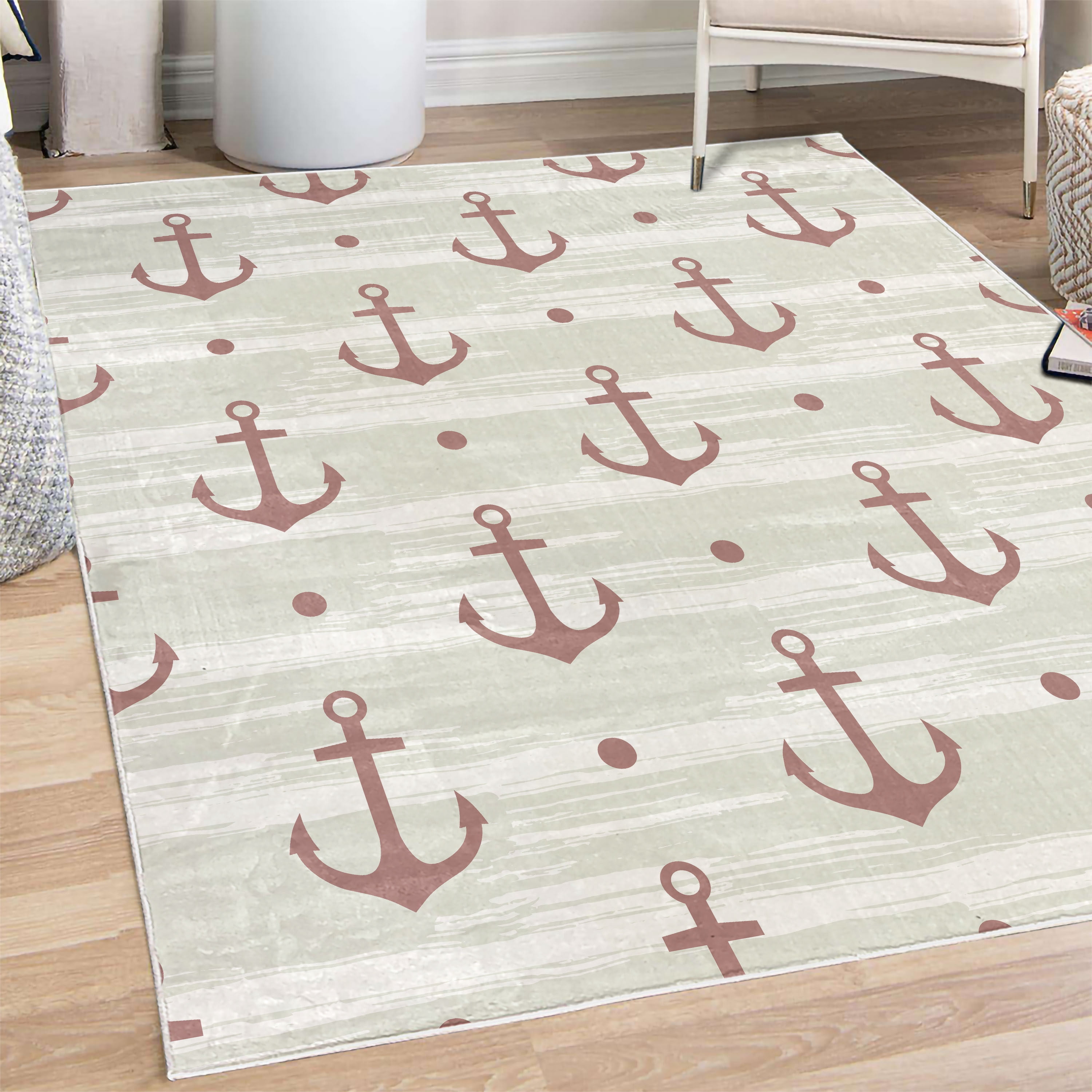 Pirate Rug Texture Marine Decorative Rug, Anchors and Skulls Crossed Bones Dots Pirate ...