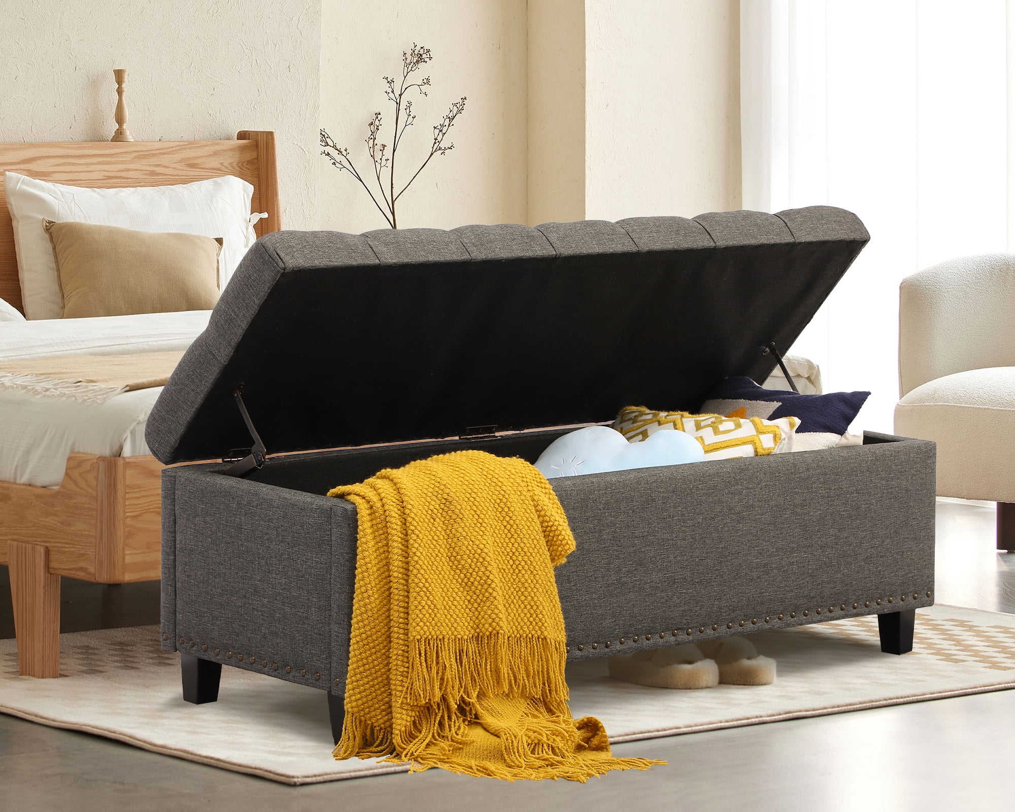 Haverchair 51" Ottoman Storage Benches, 30 Gallons End of Bed Storage Bench, Large Rectangular Storage Ottoman, Button-Tufted Ottoman with Storage for Living Room Bedroom, Foot of Bed (Gray)