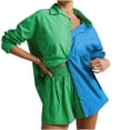 thumbnail image 2 of Idoravan Women Sets Clothing Clearance Spring and Summer Two-piece Color-blocking Single-breasted Long-sleeved Lapel Shirt Shorts Loose Fashion Casual Suit, 2 of 5