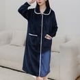 thumbnail image 3 of SWSMCLT Women's Fleece Robe Long Pajamas Thick Button Bathrobe Warm Long Sleeve Comfy Soft Trendy Fall House Navy Medium, 3 of 5