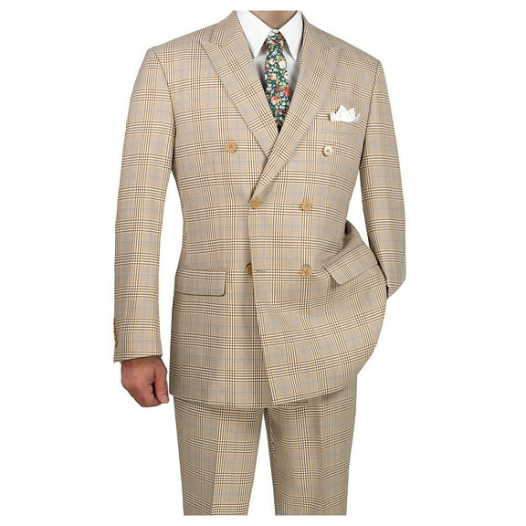 Hand Tailored 2pc Men's Glen Plaid Pattern Suit, Blazer & Pants w/1 Pair of Socks - Beige 38S