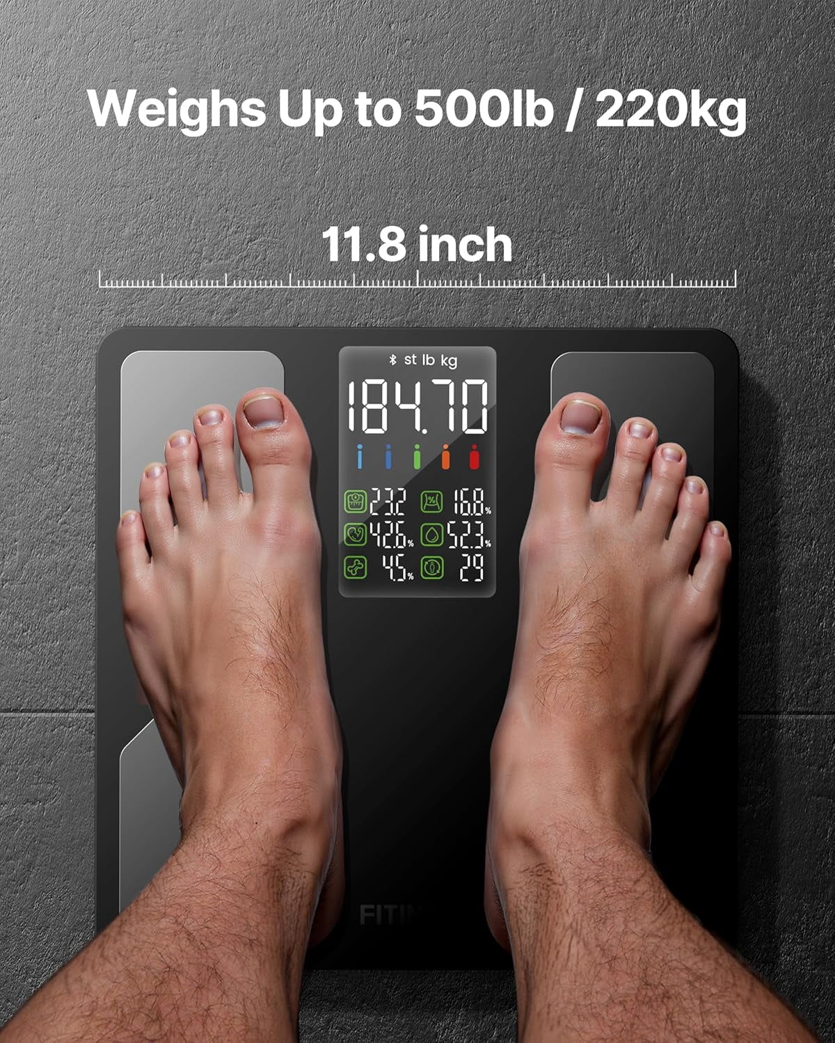 FITINDEX Smart Scale with BMI, Body Fat, Muscle Mass, Scale for Body Weight and Fat Percentage, High Accurate Bluetooth Scale with Large Display, 13 Body Composition Analyzer Sync App, 500lbs, 11.8"