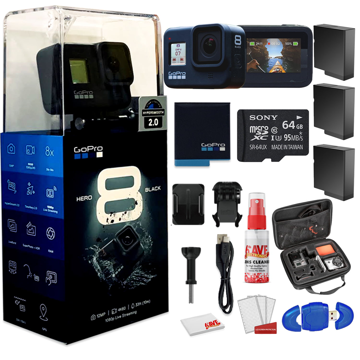 GoPro HERO8 Black Digital Action Camera - Waterproof - With Cleaning Set +  Case + 64GB Memory Card and 3 x Extra Batteries