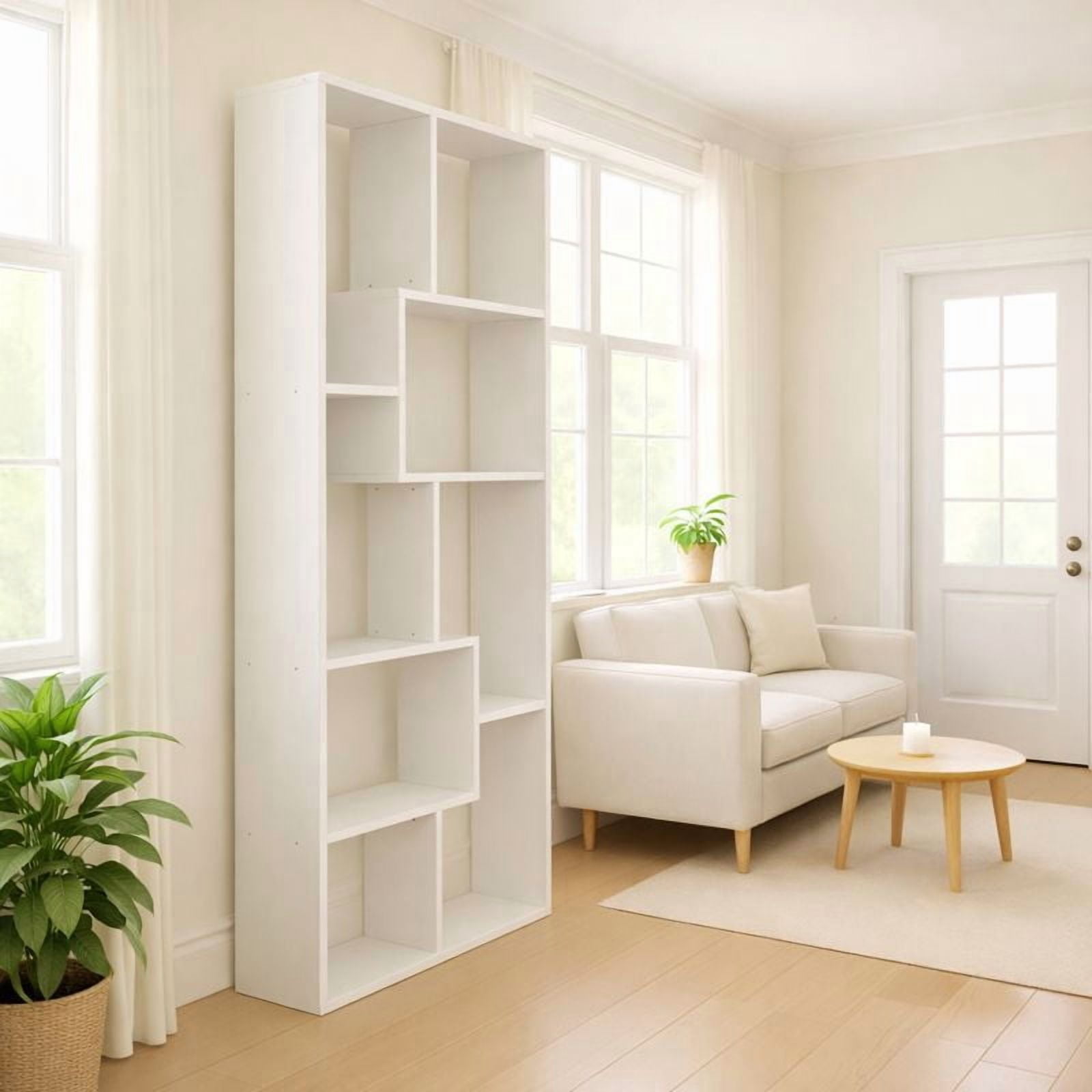 5-Tier Asymmetrical Display Shelf Bookcase, Modern Geometric Staggered Cube Storage Shelving Unit, White Freestanding Accent Shelf for Living Room Bedroom Home Office