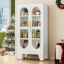 47" Tall Metal Curio Cabinet, Display Storage Cabinet with Glass Door, 4 Tier Liquor Cabinet with 3 Adjustable Shelves, Locking Glass Display Case for Collectibles, Showcase Cabinets, White