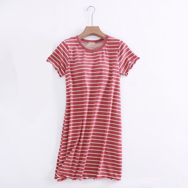 Xysaqa Chemise de Nuit pour Femmes en Coton Doux Chemise de Nuit Rayée avec Soutien-Gorge Intégré Robe de Nuit Confortable Manches Courtes Imprimé Chemise de Nuit Économies d'Été Rouge