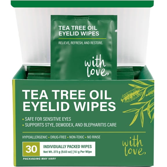 Tea Tree Eyelid Wipes (30 Pack) Individually Wrapped Wipes, Gentle Eyelid & Lash Cleansing Wipes with Tea Tree Oil, Chamomile, Aloe & Hyaluronic Acid for Daily Eye Care, Makeup & Oil Removal