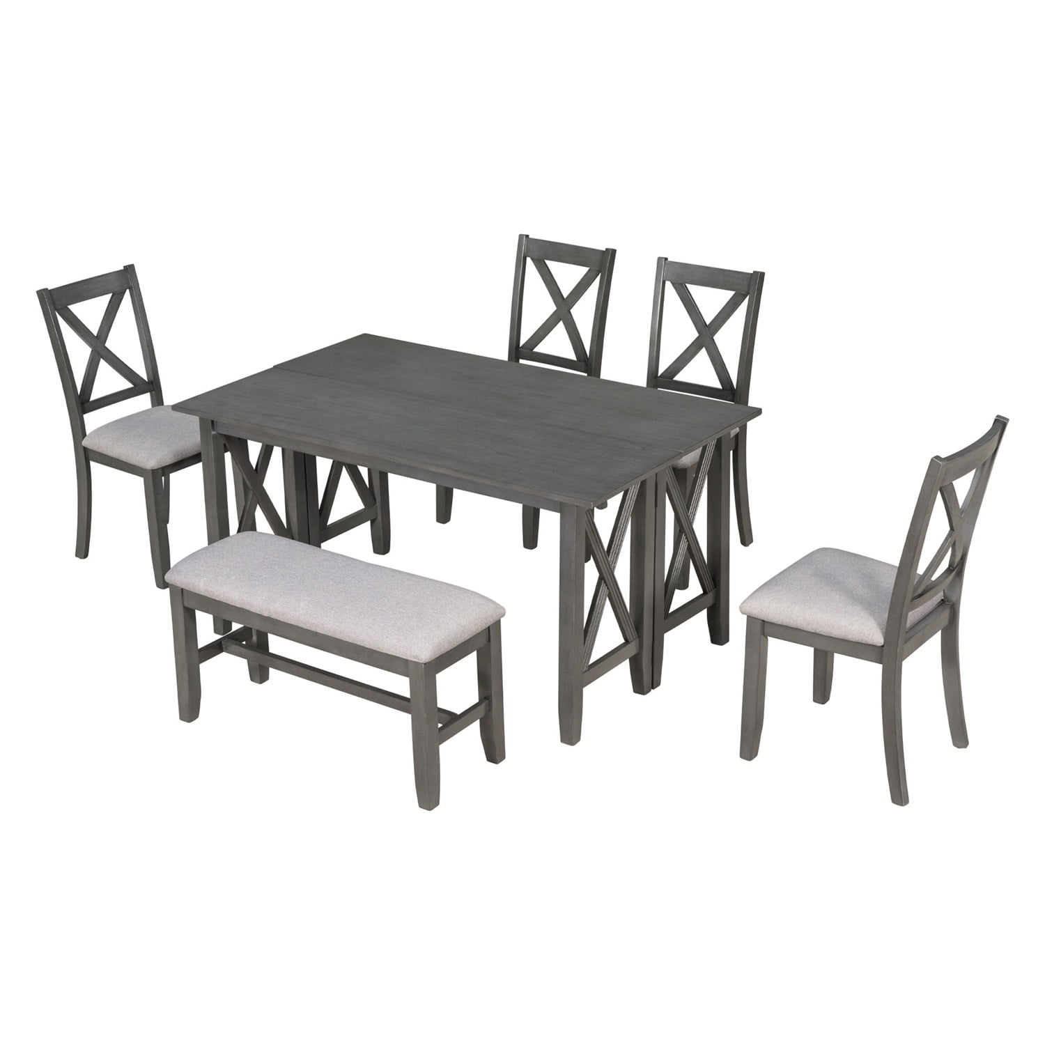 Kadyn Dining Table Set for 6, Living Room Table Set with Foldable Table and 4 Chairs with Bench, 6-piece Family Dining Room Set for Dining Room, Gray Kadyn Dining Table Set for 6, Living Room Table Set with Foldable Table and 4 Chairs with Bench, 6-piece Family Dining Room Set for Dining Room, Gray