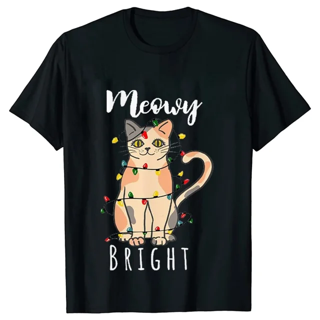 Camiseta con luces navideñas para mujer, camisetas con estampado gráfico de gato bonito, camisetas de manga corta, ropa de calle divertida, camiseta de marca, ropa femenina
