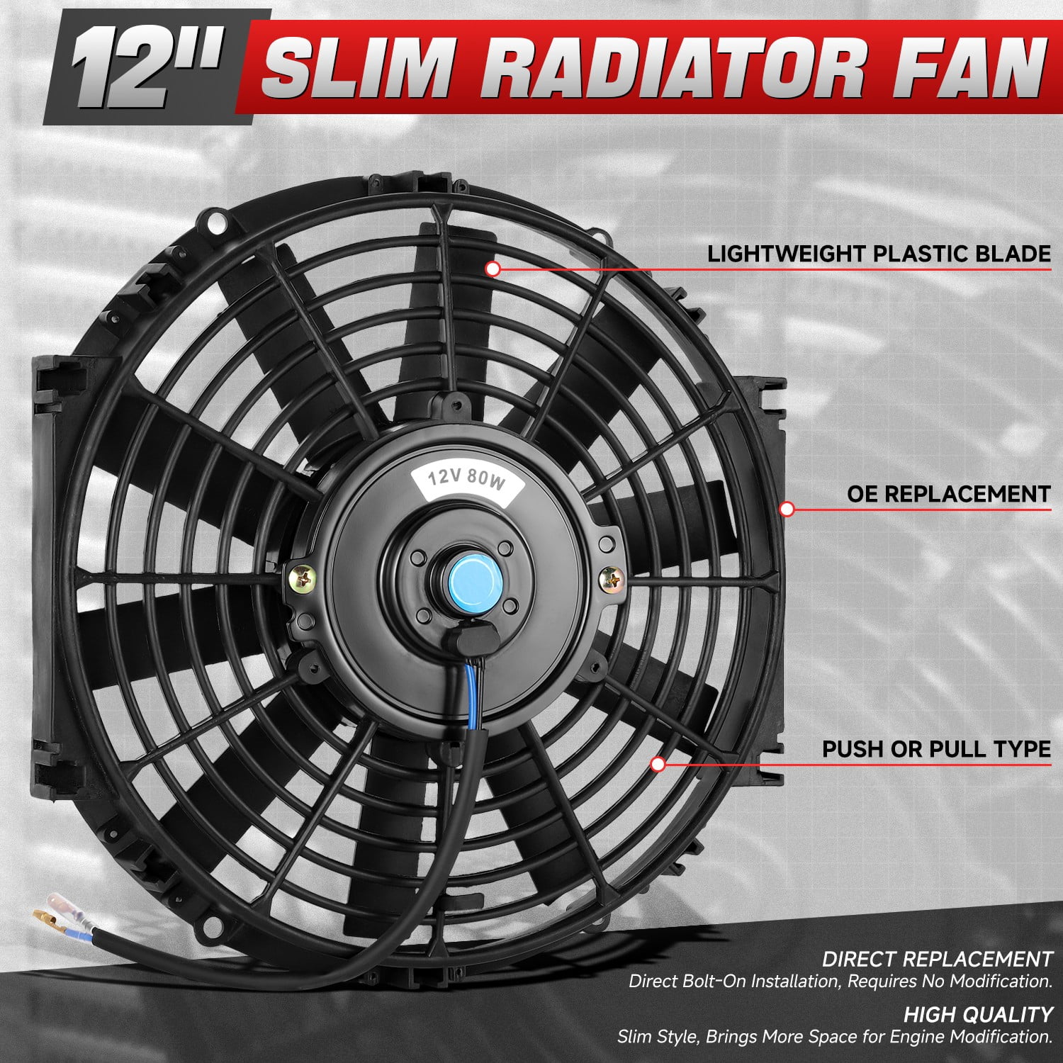 DNA Motoring 12 Inch Universal Slim Pull/Push Radiator Engine Bay Cooling Fan + Mounting Kit Black