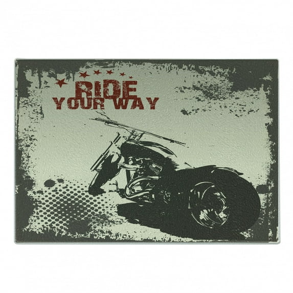 Adventure Cutting Board, Ride Your Way Words Motorcycle Image Poster Art Print, Decorative Tempered Glass Cutting and Serving Board, Small Size, Charcoal Grey Maroon, by Ambesonne