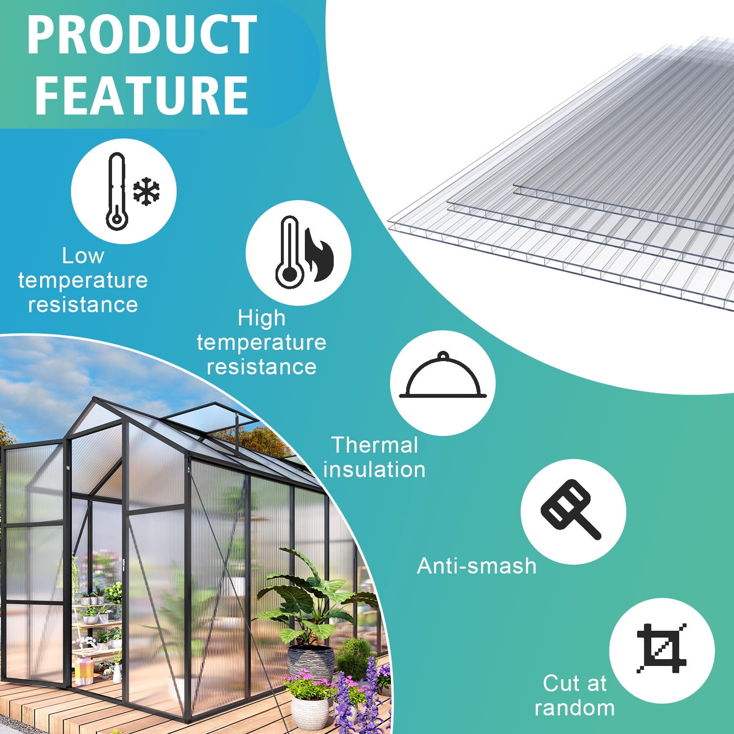 Miniyam 6 Pack 5' x 2' Twin-Wall Polycarbonate Greenhouse Panels, High Light Transmission Insulated Sheets for Glass Roofing Replacement, Balcony Divider
