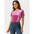 thumbnail image 2 of DARING DIVA Women's Velvet Blouse Tops Crew Neck Short Sleeve T-Shirt M Hot Pink, 2 of 6