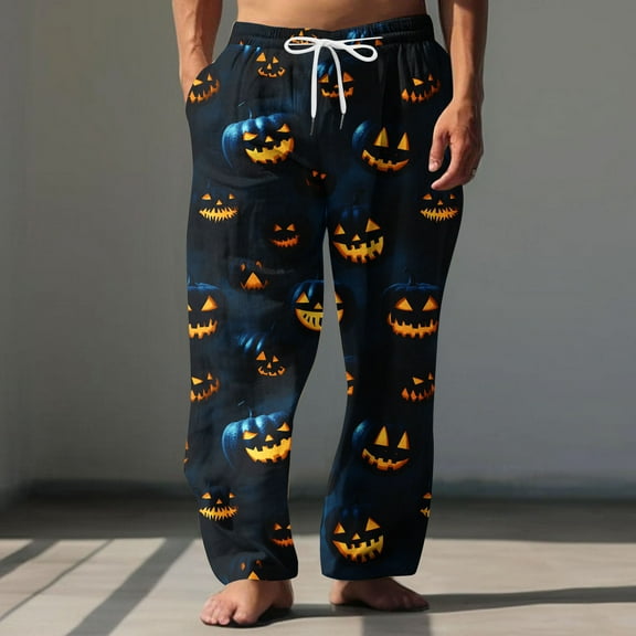 JingHai Halloween Christmas Pajamas Men Cute Print Wide Leg Lounge Pants Casual Comfy Loose Drawstring Jogger High Waisted Palazzo-White XXXXL