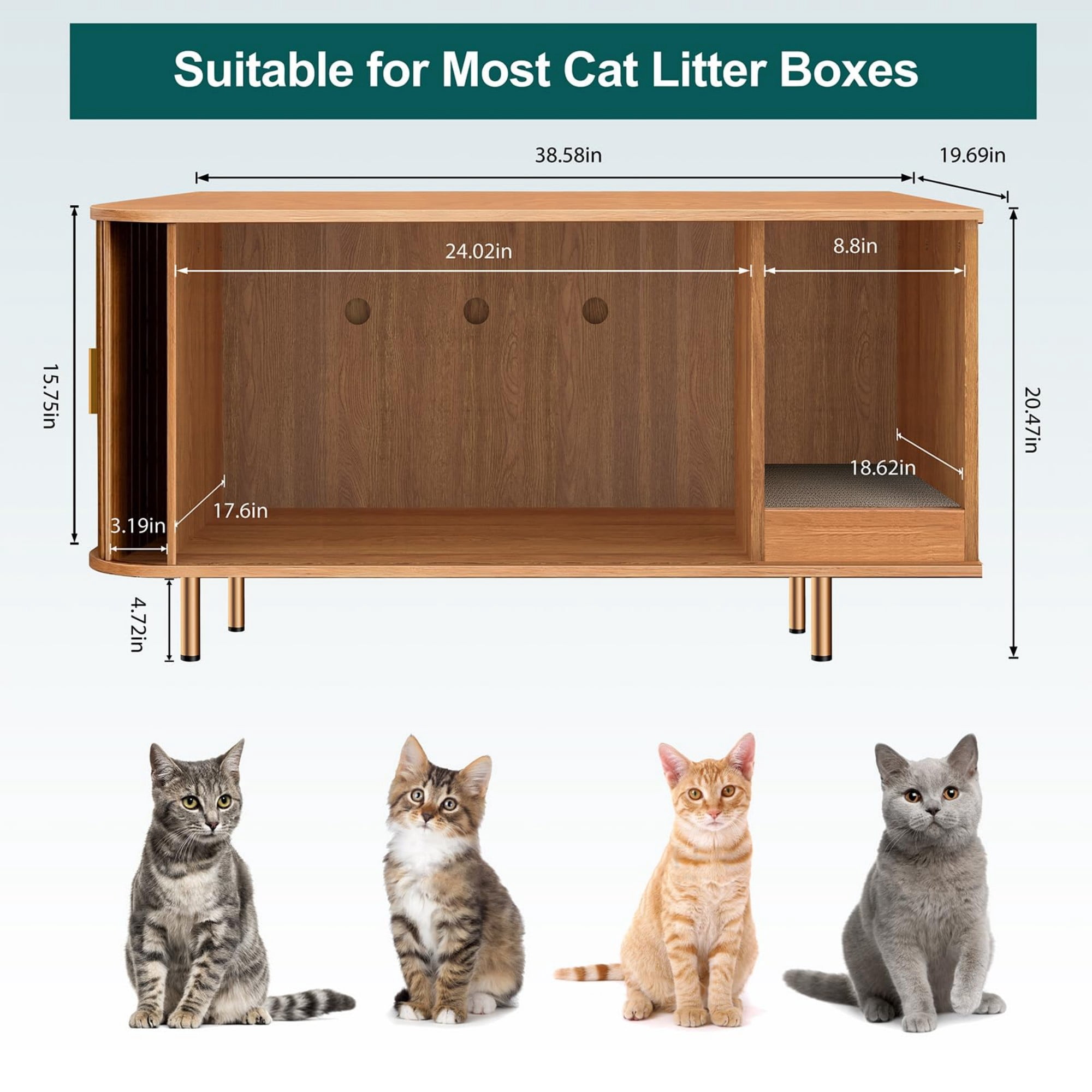 Cat Litter Box Enclosure Furniture with Sliding Door, Hidden Cat House Cabinet with Scratch Pad, Modern TV Stand Side Table, Yellow