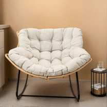 Larger Outdoor Rocking Chair, Patio Egg Rocking Chair, Indoor Papasan Chair, Rattan Wicker Lounge Chair for Bedroom, Living Room, Porch, Garden, Lawn, Beige