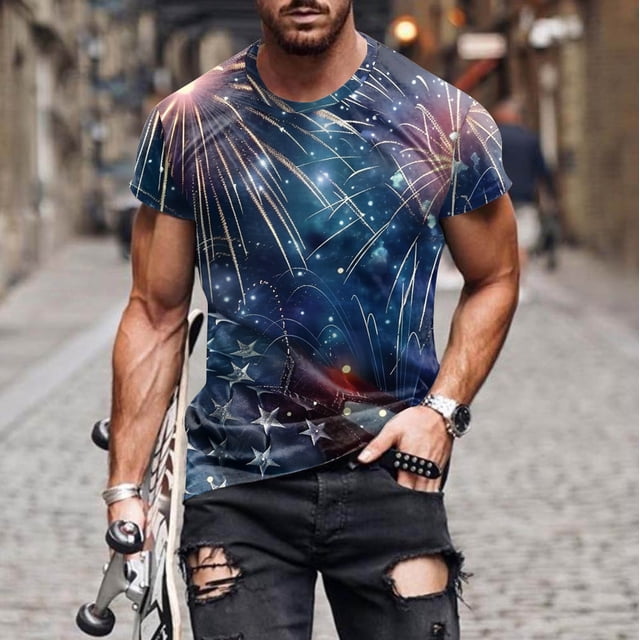 Blusas y camisas de manga corta y cuello redondo para hombre. Blusas de manga corta con cuello redondo y estampado del Día de la Independencia para hombre. Blusa para hombre.