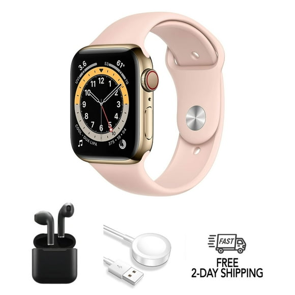 Refurbished Apple Watch Series 6 Stainless Steel 40mm A2293 (GPS + Cellular) Gold w/ Wireless Earbuds