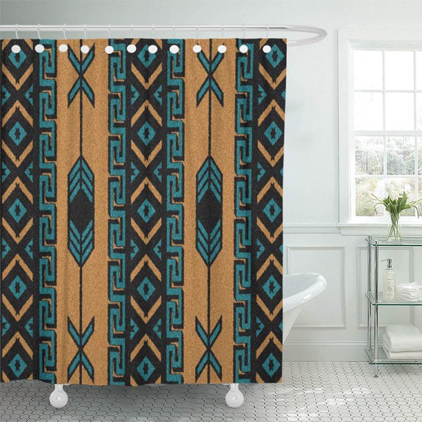 CYNLON Turquoise and Tan Southwest Tribal Aztec Southwestern Bathroom