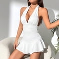thumbnail image 7 of Women's Halter V-Neck Backless Mini Dress Ruffle Hem Fit and Flare Casual Party Graduation Dress, 7 of 7