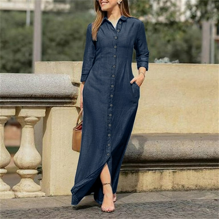 Fall Maxi Dresses For Women Plus Size 2023 Casual Solid Denim Dress V Neck  Long Sleeve Button Pocket Loose Long Dress Dark Blue L 