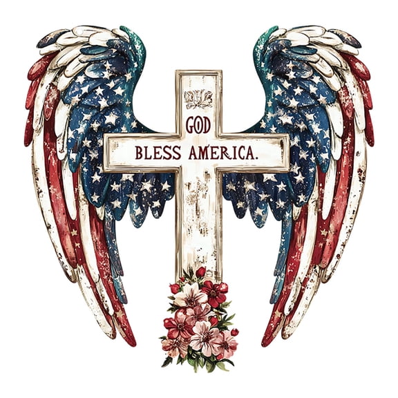 Independence Day Hanging Ornament USA Flag Wing Cross Wooden Wall Decoration, "God Bless America" Sign, 4th of July Patriotic Home Door Decor