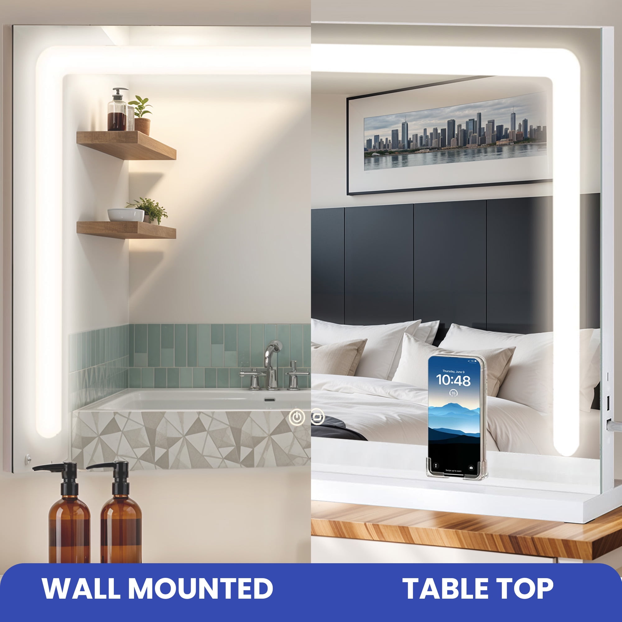 Uforic 23''x17'' Vanity Mirror with LED Lights & USB, Vanity Makeup Mirror with Bluetooth Tabletop Wall Mount, Led Mirror Makeup with 3-Color Lighting, White