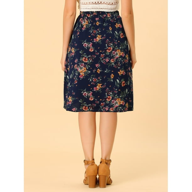 Unique Bargains Women s Chiffon Floral Flared A Line Zipper Midi Skirt Dark Blue Xs Other