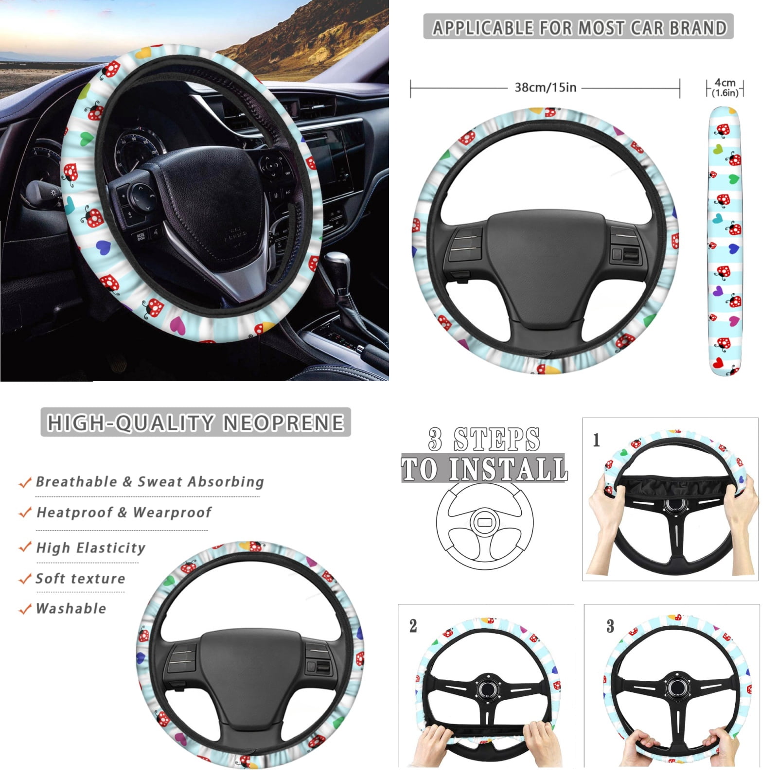 Yuyamidu Ladybug Front Rear Car Seat Covers Full Set of 14 Blue Stripes Steering Wheel Cover Seat Belt Pads Coasters Waste Bin Armrest Cover Cup Holders Rearview Mirror Cover Handbrake Cover Set