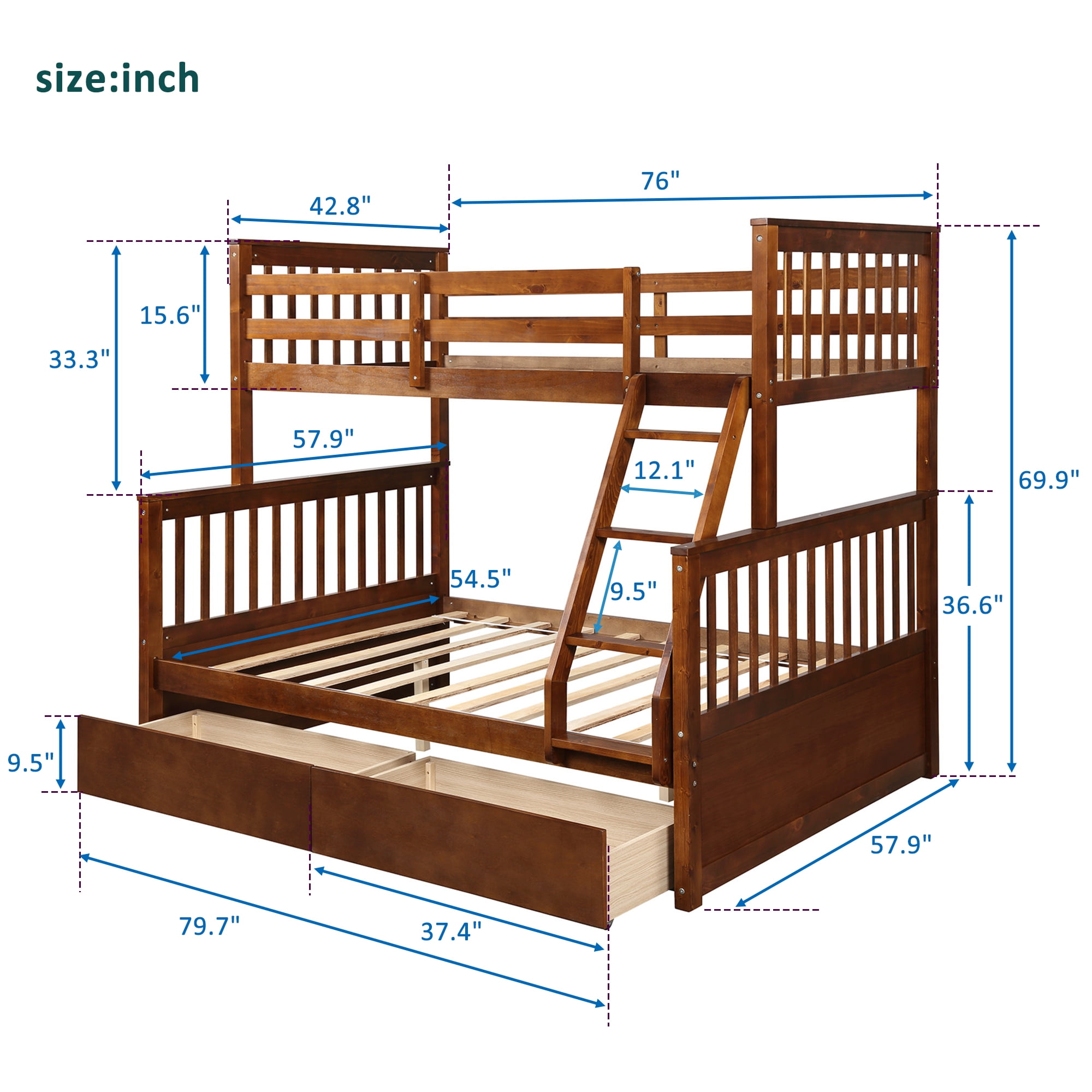 Kepooman Twin-Over-Full Modern Wooden Bunk Bed with Ladder & Two Drawers for Bedroom, 80”L X 57”W X 70.4”H, Walnut Kepooman Twin-Over-Full Modern Wooden Bunk Bed with Ladder & Two Drawers for Bedroom, 80”L X 57”W X 70.4”H, Walnut