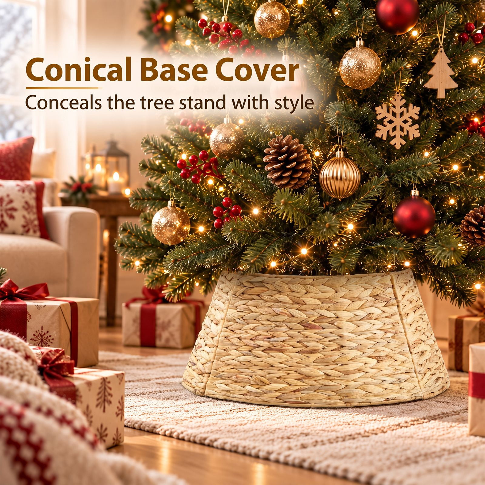 Alvantor Christmas Tree Collar, Woven Rattan Stand Cover with Cord Port, Yellow 36IN