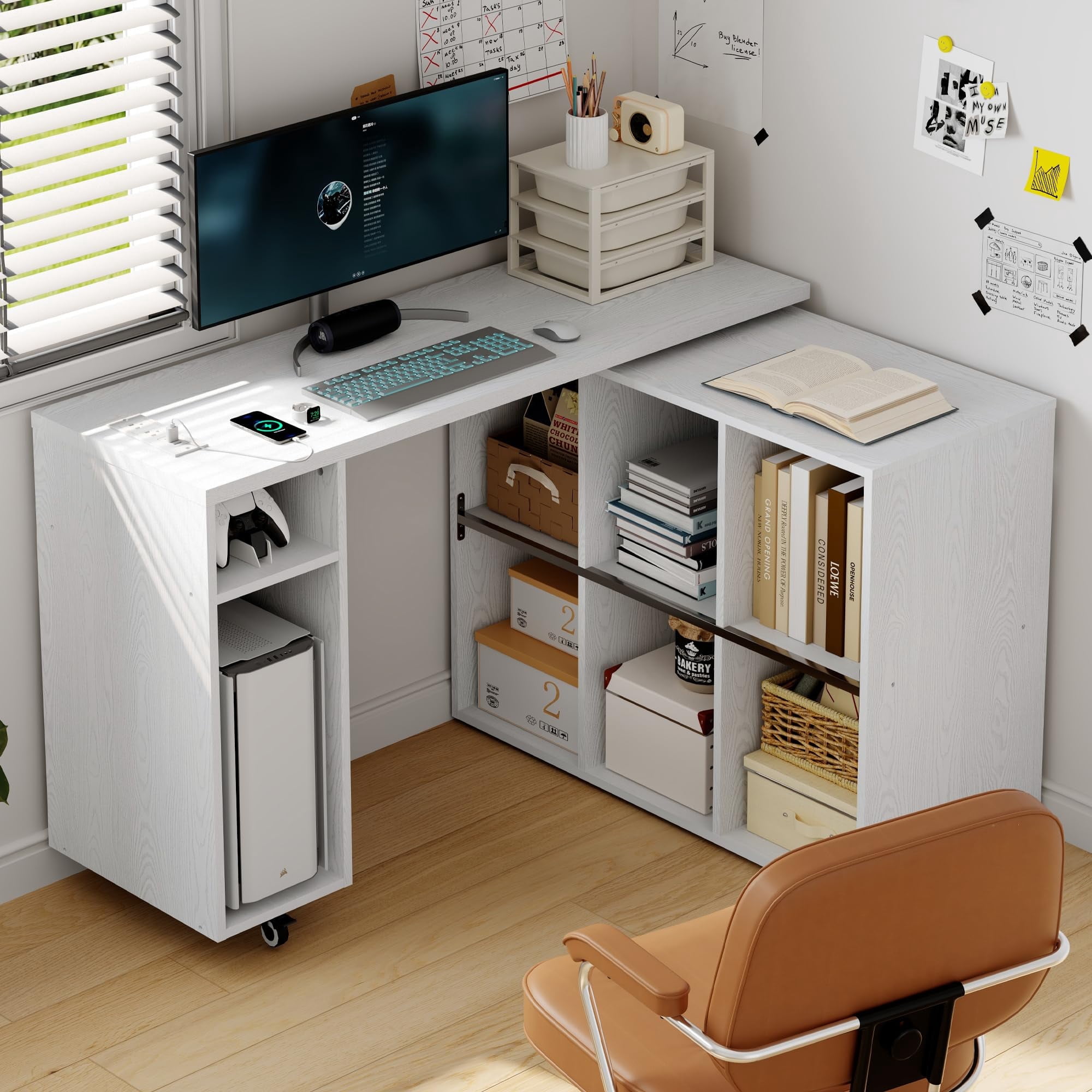 BOSHIRO L-Shaped Rotating Desk with Power Outlets & 6 Shelves – 360° Swivel Computer Table for Home Office (White)
