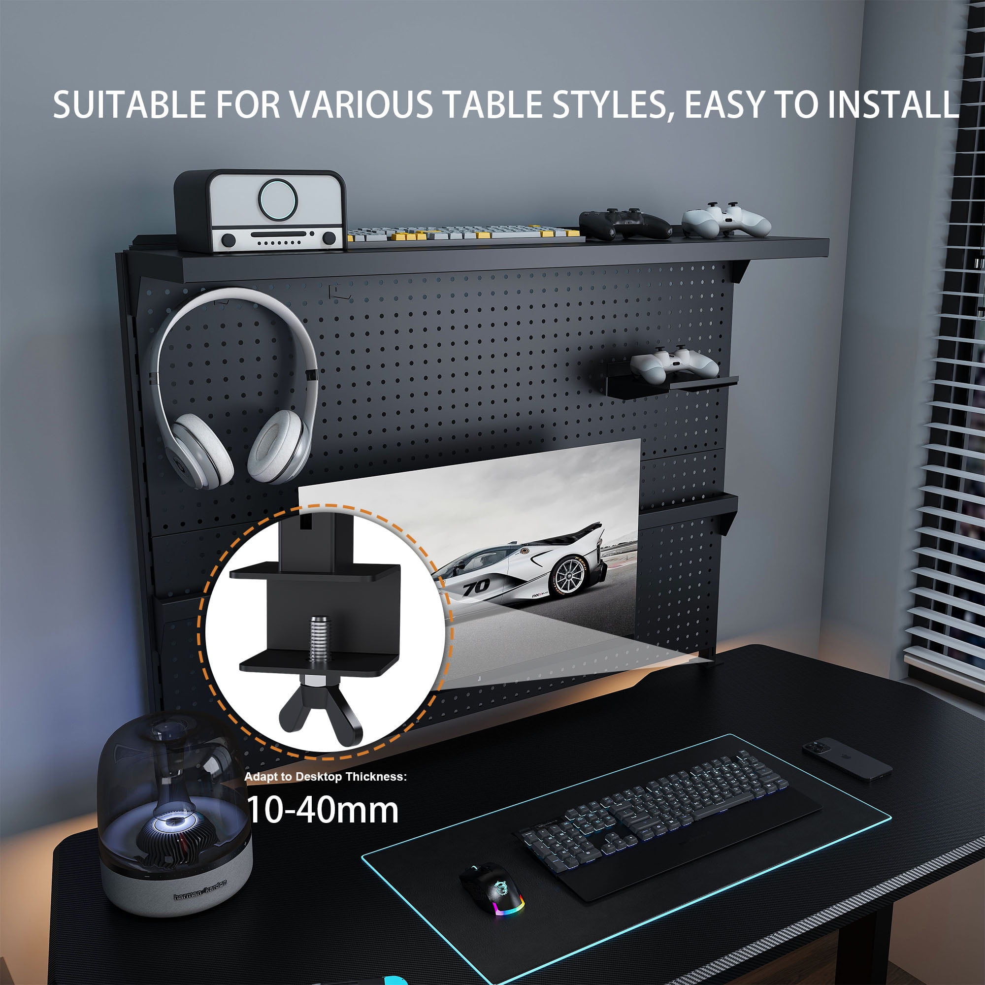 CQSXDA 43x35 Inch Clamp-On Desk Pegboard, Steel Organizer, Features Single Monitor Stand and Movable Hooks for Office Use, Black